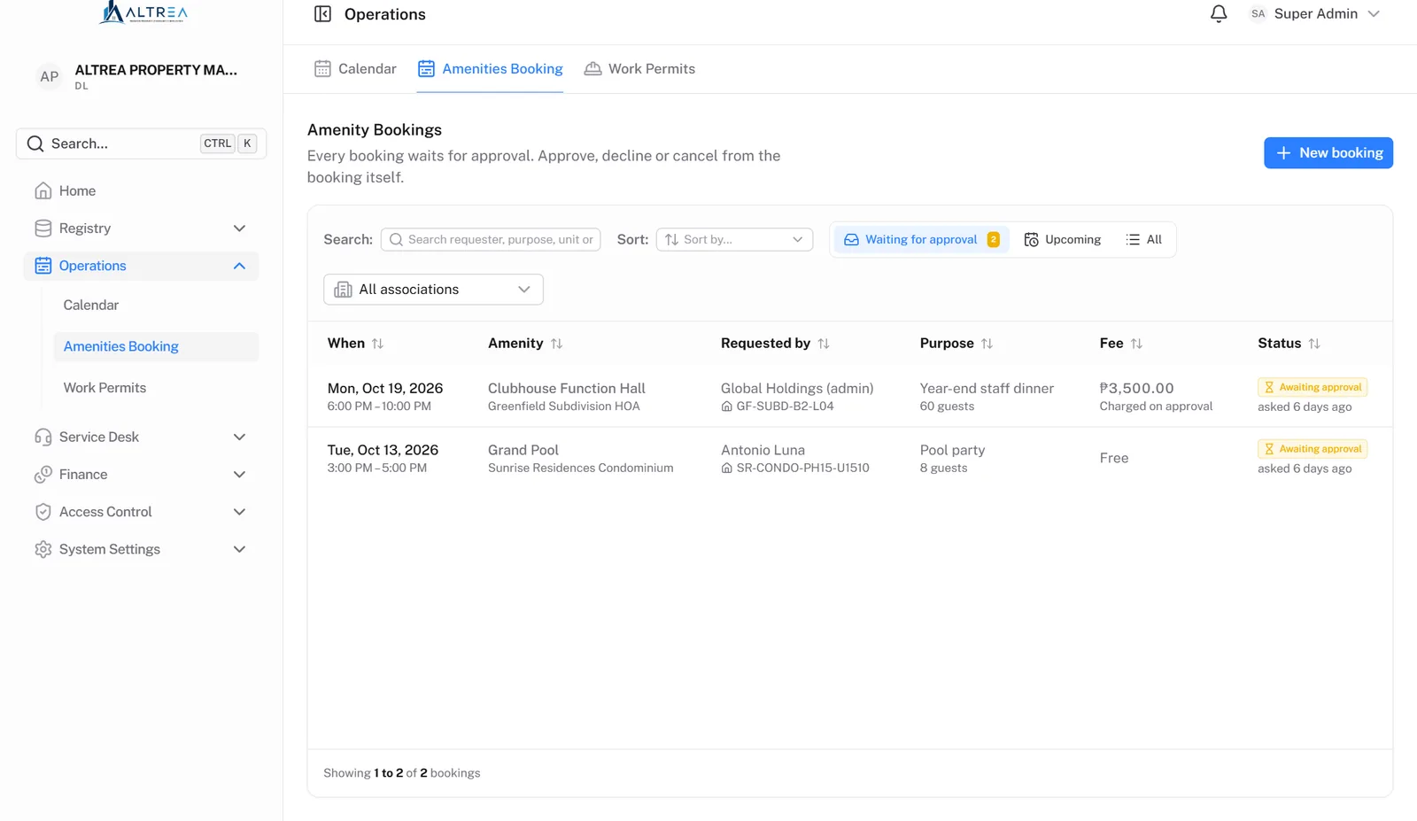 Altrea amenity bookings approval queue with requests from the resident portal