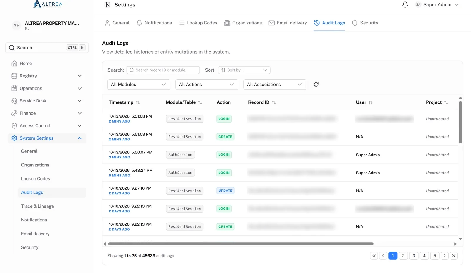 Altrea audit log of entity mutations