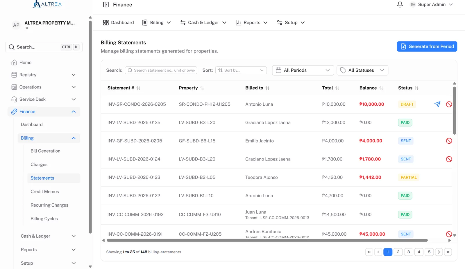 Altrea billing statements list with per-association statement numbers, balances and statuses