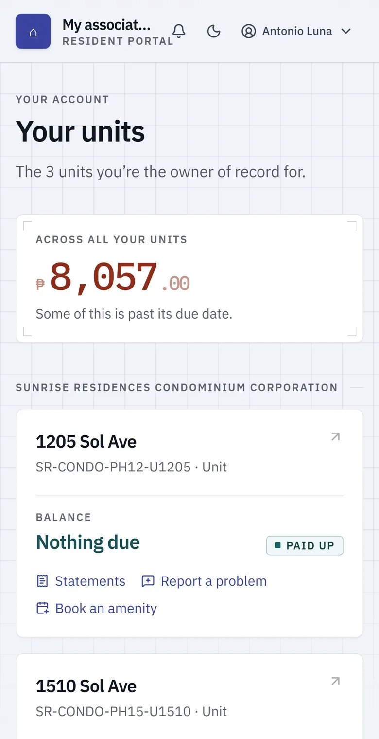 Altrea resident portal on a phone, listing the owner's units and balances