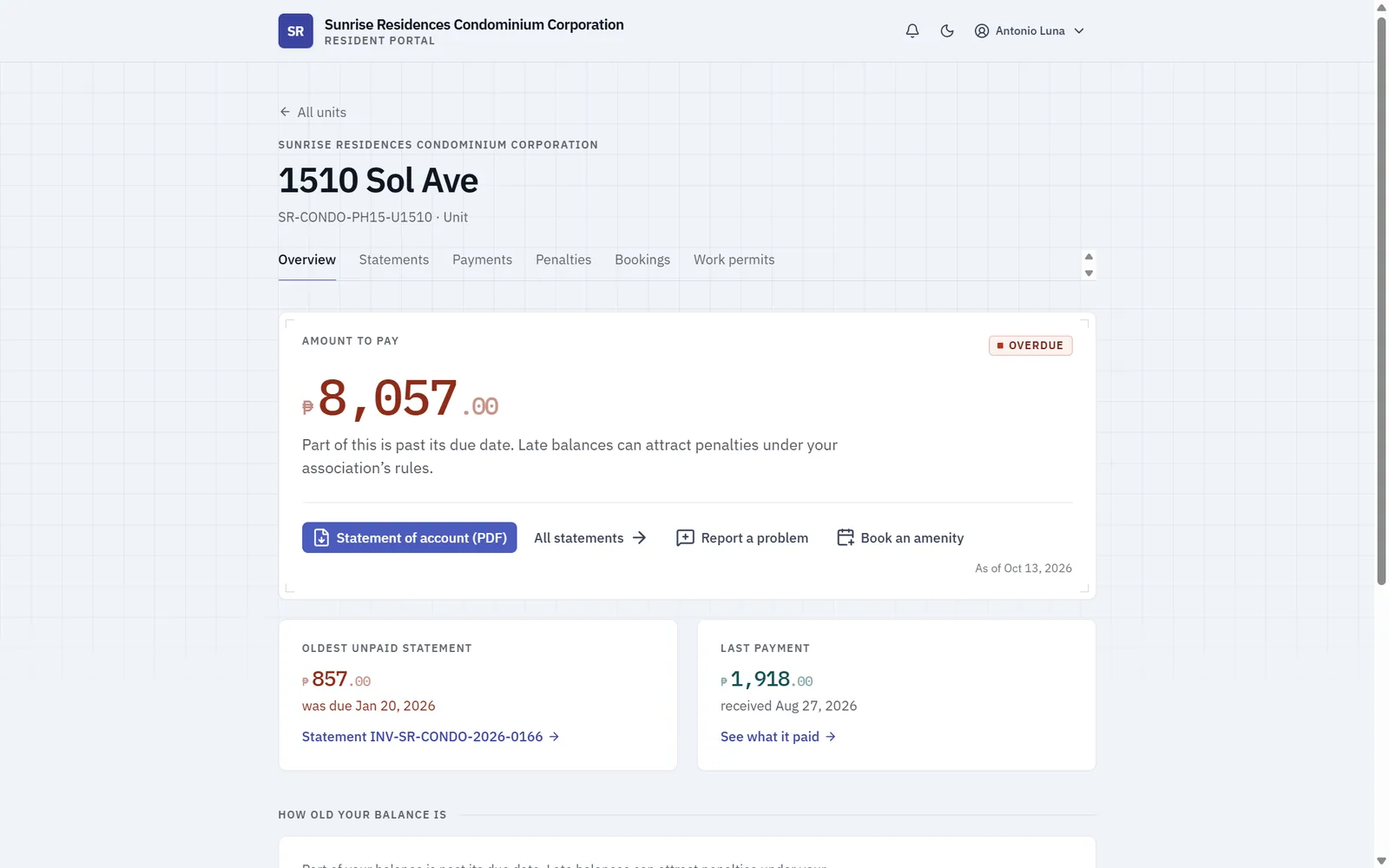 Altrea resident portal unit overview showing amount to pay, oldest unpaid statement and last payment
