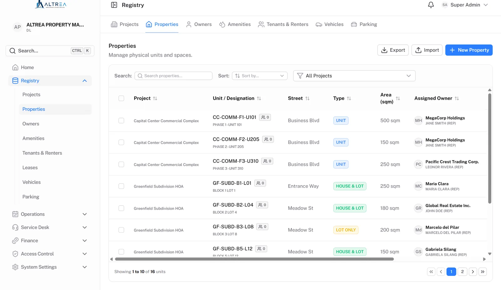 Altrea registry: a properties list across several communities with unit codes, type, area and assigned owner