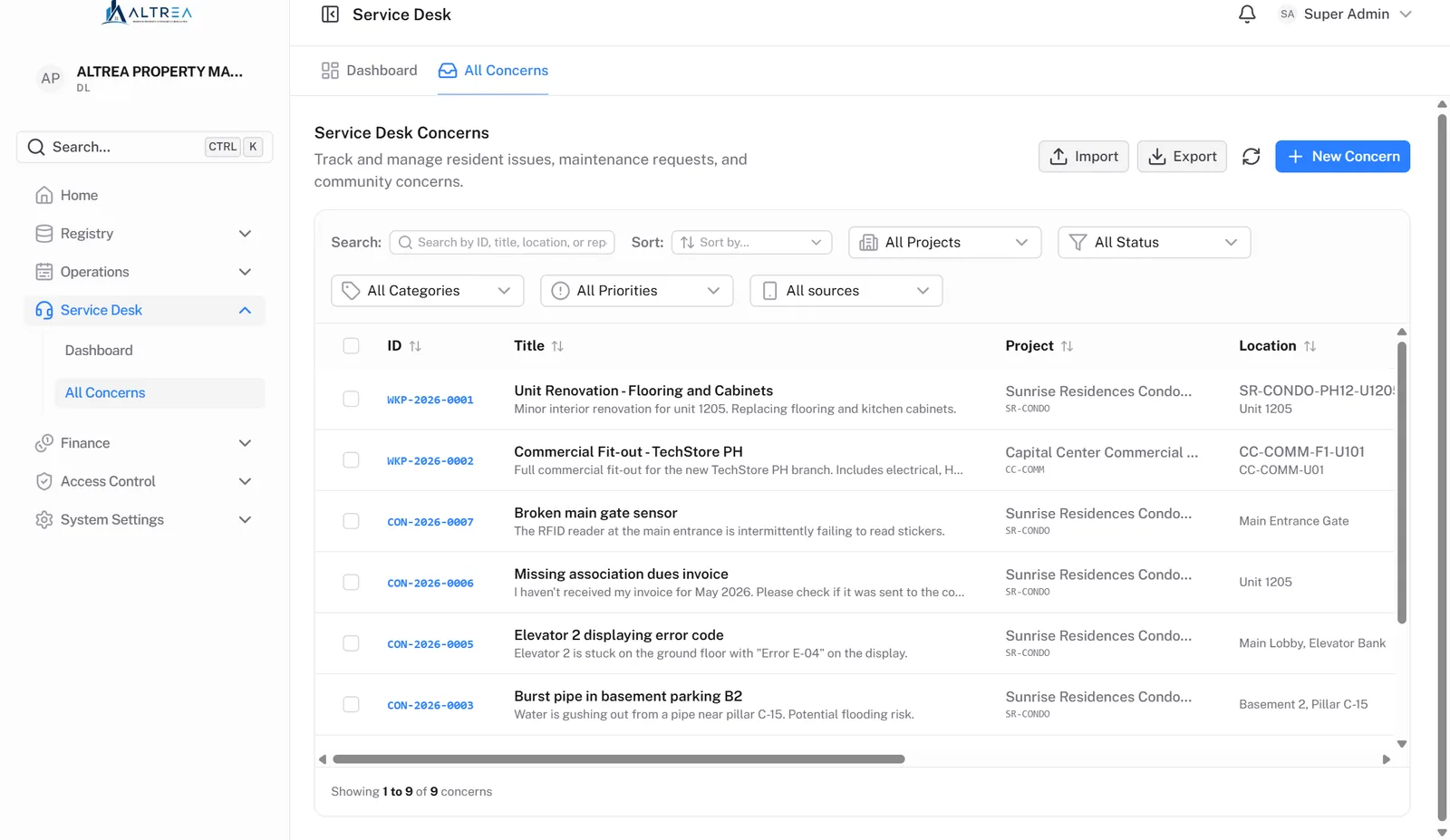 Altrea service desk listing resident concerns with reference codes, project and location